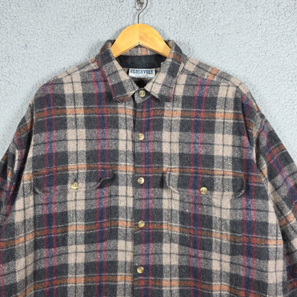 Vintage Flannel Shirt Mens Size XL Brown Tartan Plaid Regular Fit Wool Blend VTG - Picture 2 of 12